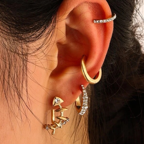 Cute FishBone Stackable gold earrings set - Picture 4 of 6